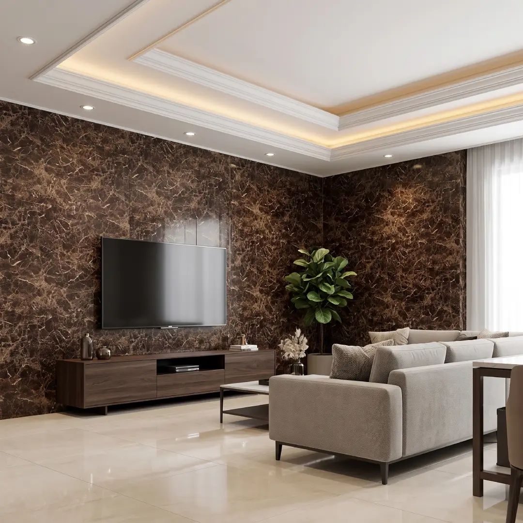 plafon pvc ruang tamu polos dengan wall panel pvc marmer merk mevvah