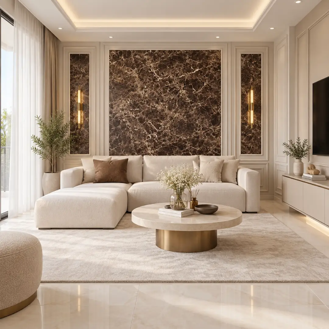 ruang tamu dengan wall moulding dan wall panel motif marmer pvc
