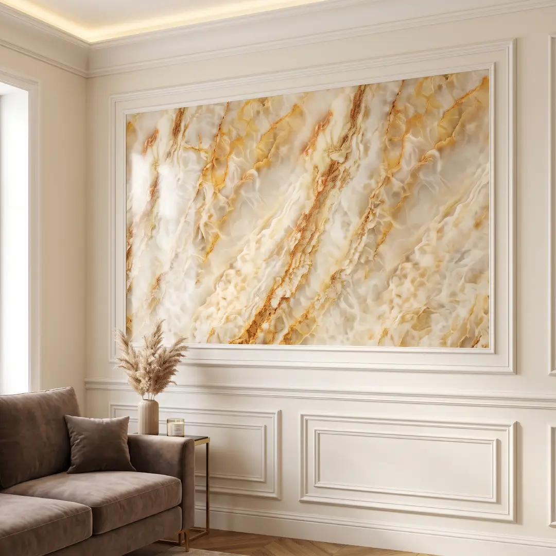 wall moulding ruang tamu dengan wall panel pvc motif marmer merk mevvah