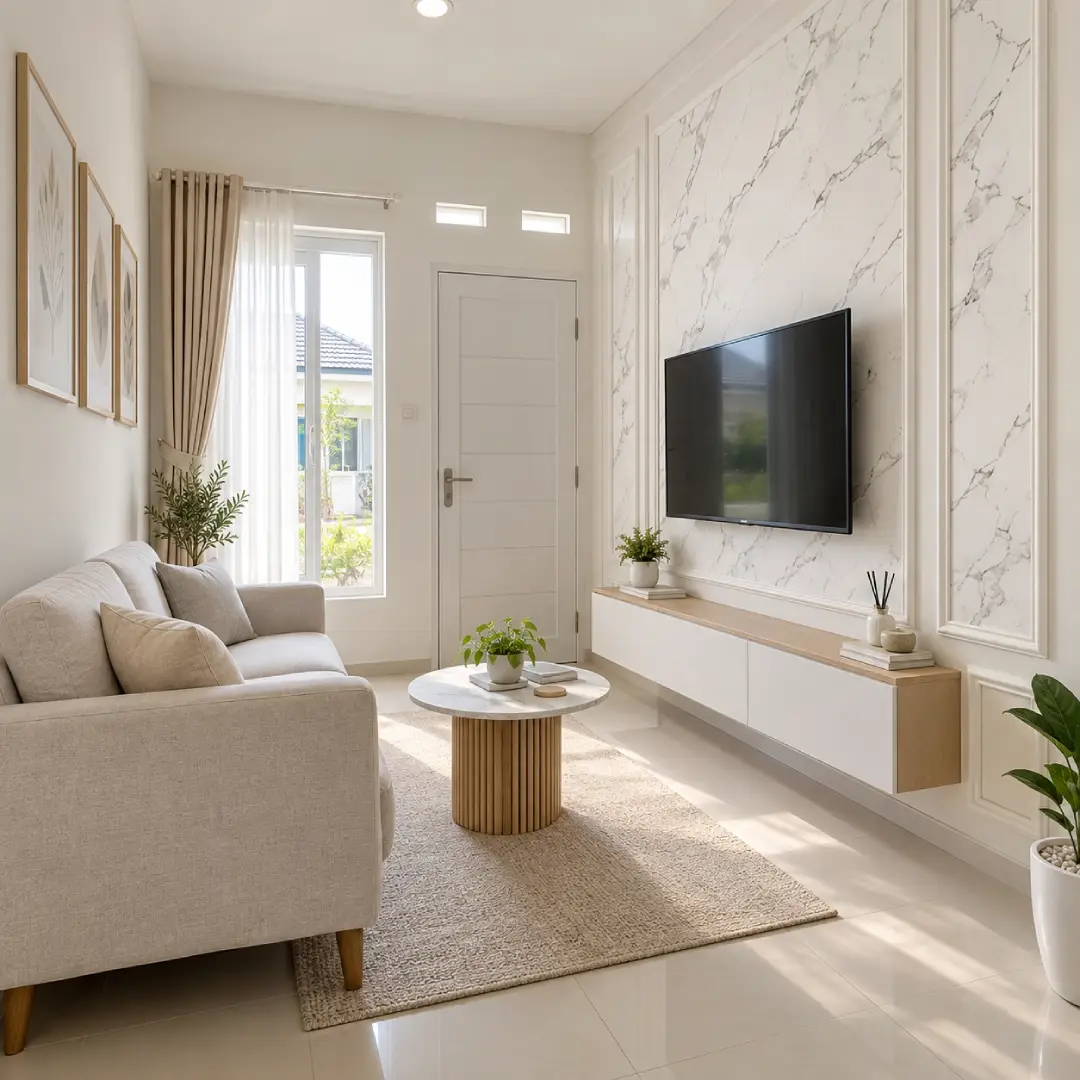 wall moulding ruang tamu minimalis dengan wall panel motif marmer pvc merk mevvah
