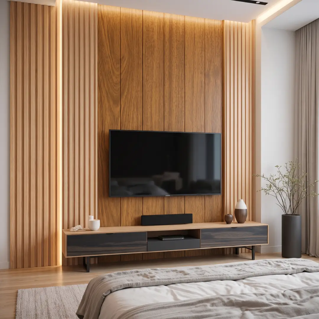 Model TV Panel dengan Aksen Kayu Natural