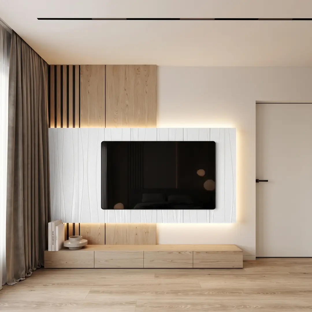 Ruang Keluarga dengan Wallboard Motif Elegant White