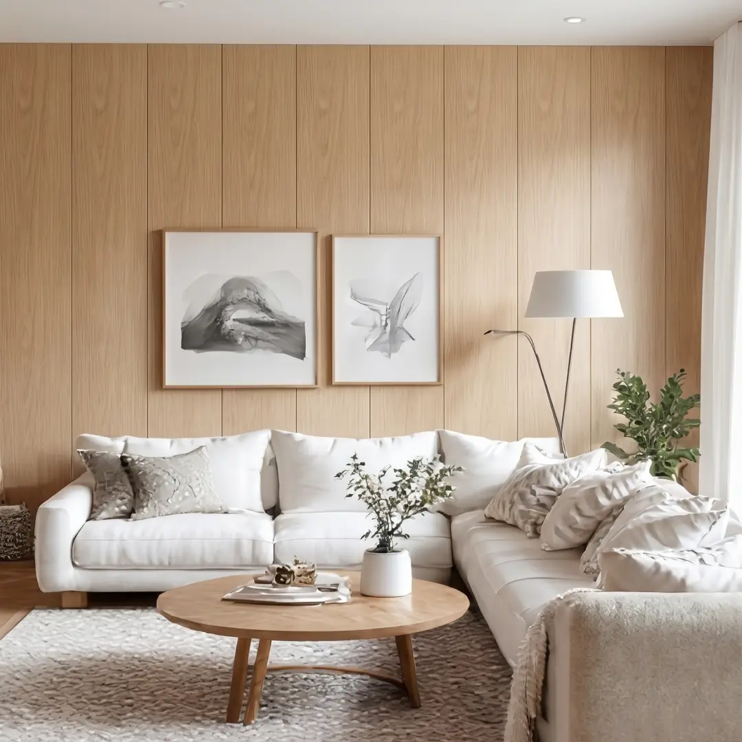 Ruang Tamu dengan Wallboard Kayu Terang