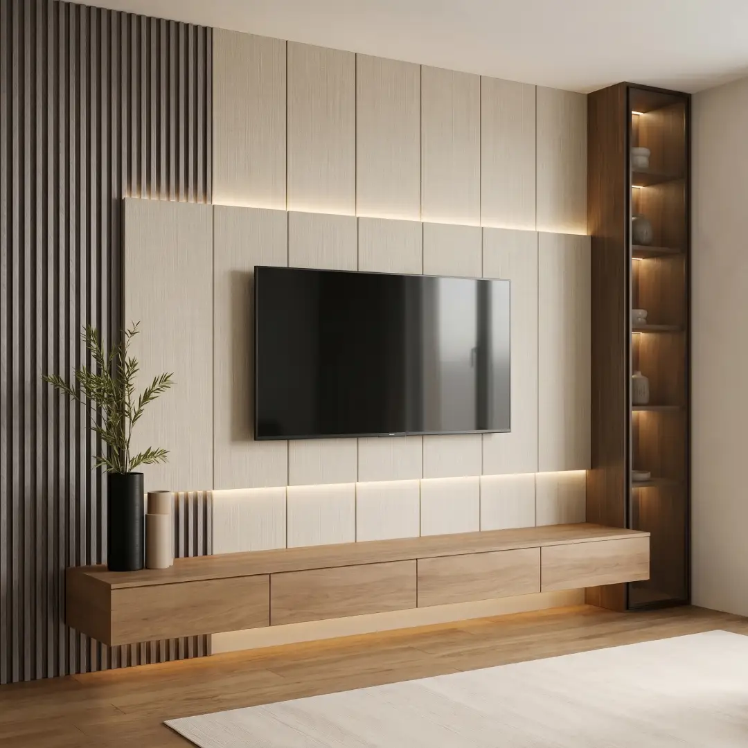 TV Panel Kombinasi Wallboard dan Fluted Wood Panel