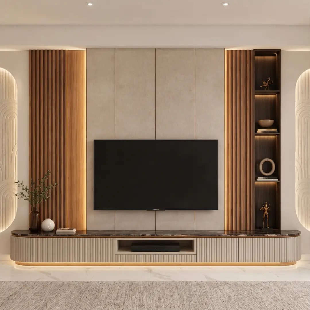 Wallboard TV Panel Peanut Fabric dengan Garis-garis Vertikal