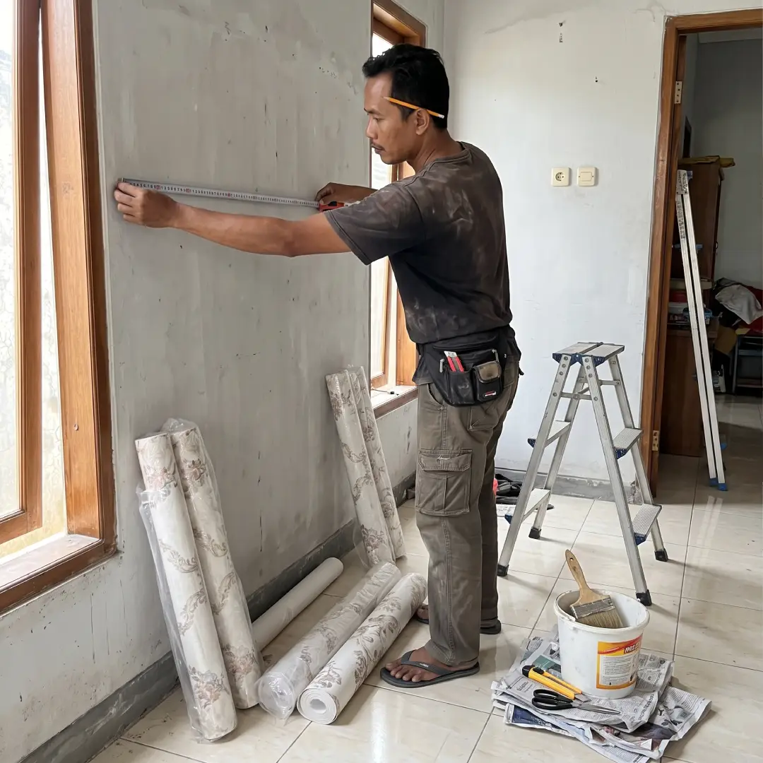 tukang sedang ukuran dinding untuk wallpaper